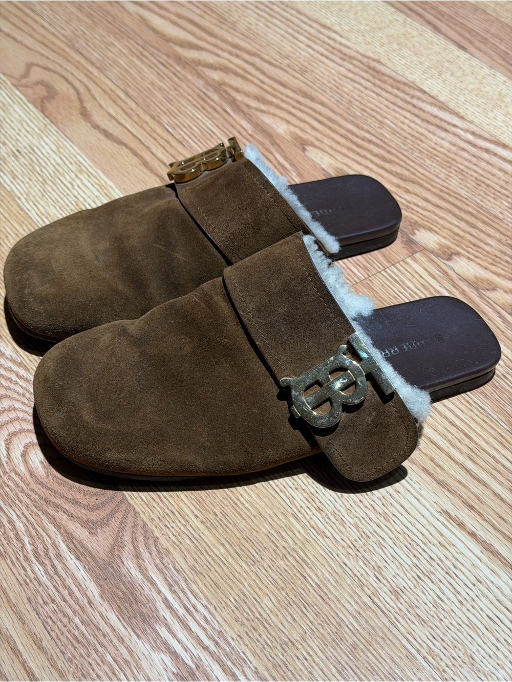 Burberry Brown Suede Shearling-Trim Logo Mule